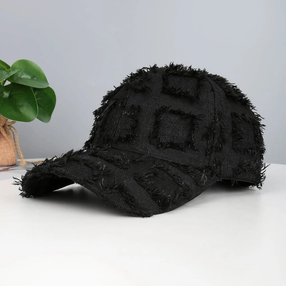 Full-Pattern Checked Fringed Distressed Denim Baseball Cap