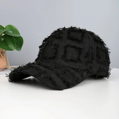 Full-Pattern Checked Fringed Distressed Denim Baseball Cap