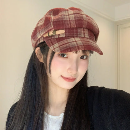 Autumn Octagonal Hats Women Retro Checked Octagonist Painter Hat