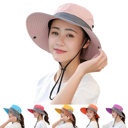 Women Large Brim With Leaking Ponytail Quick Drying Bucket Hats