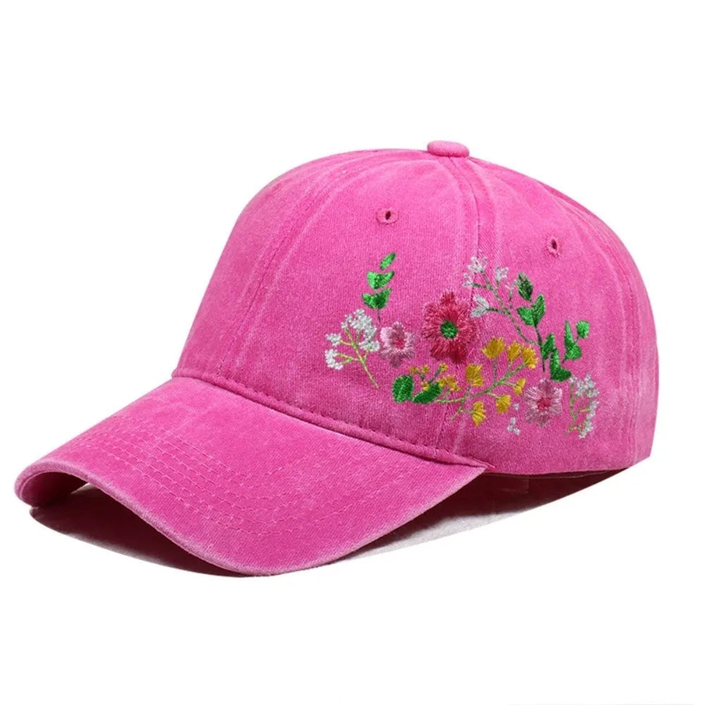 Vintage Flower Embroidery Baseball Cap Washed Cotton Adjustable