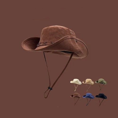 Breathable Western Cowboy Hat Solid Color Adjustable Wide Brim Sun Hat