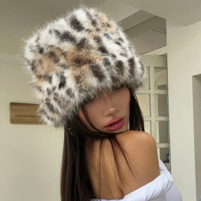 Leopard Print Plush Faux Fur Warm Hat
