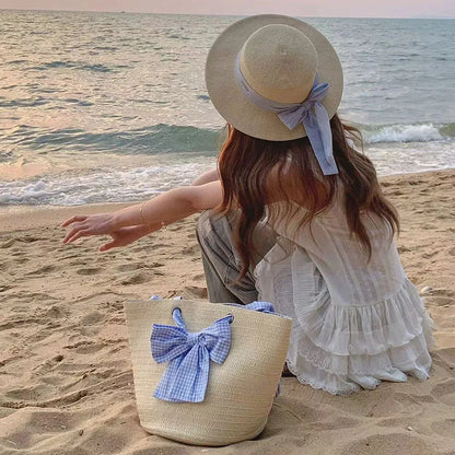 Bow Ribbon Flat Top Straw Hat For Women Summer Woven Straw Sun Hat
