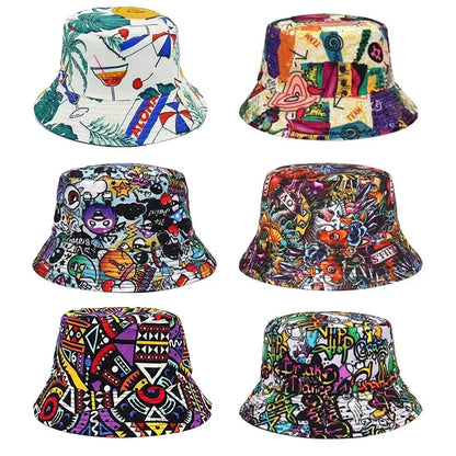Double sided Outdoor Sun Hat Hip-Hop Cap Fishing Fisherman Graffiti Hat Men Women