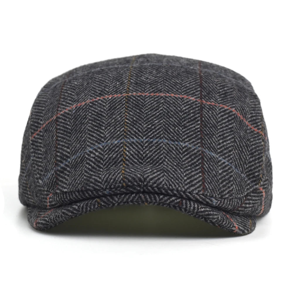 Newsboy Cap Men Winter Thick Warm Vintage Herringbone Casual Stripe Berets Flat Hat