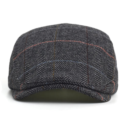 Newsboy Cap Men Winter Thick Warm Vintage Herringbone Casual Stripe Berets Flat Hat