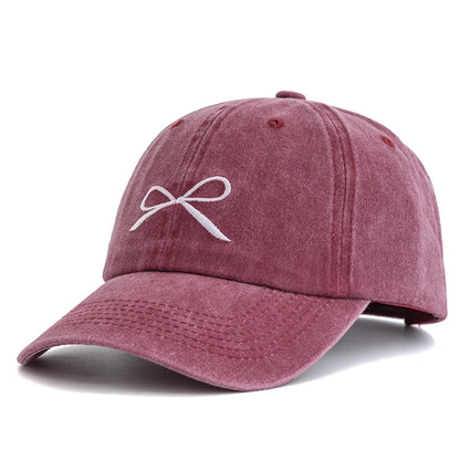 Women Washed Cotton Cap Bow Knot Embroidery Vintage Baseball Cap Female