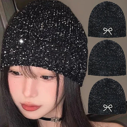 Sparkling Sequined Knitted Hat Girls Sequin Bowknot Cap Women Pearl Bow Dome Hats