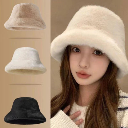 Winter Windproof Warm Women's Fashion Solid Color Plush Hat Bucket Cap Fluffy Fisherman's Hat