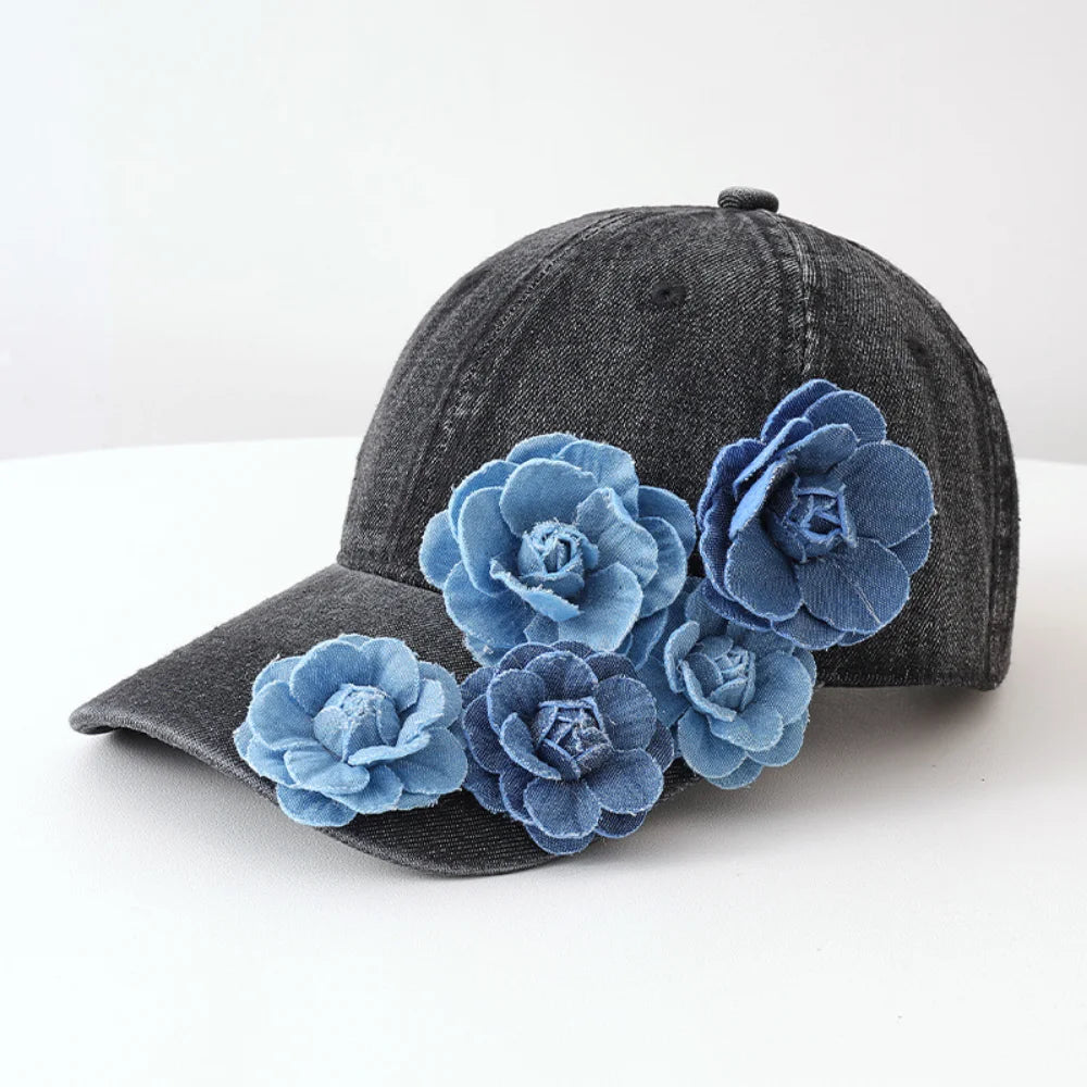Three-Dimensional 5-Flower Fabric Flower Denim Baseball Cap