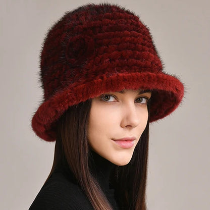 Woman Hat Winter Solid Mink Caps With Flower Natural Mink Fur Hats