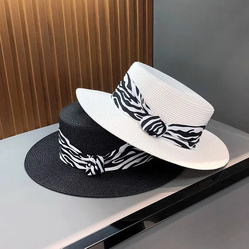 Women Summer French Retro Zebra Print Flat Top Straw Hat Outdoor Vacation Beach