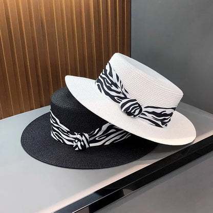 Women Summer French Retro Zebra Print Flat Top Straw Hat Outdoor Vacation Beach