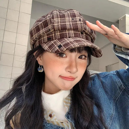 Hot Sale Retro Contrasting Color Plaid Berets For Women