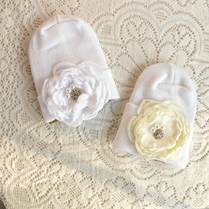 0-6 Months Newborn Knit Baby White Hat Baby Girl Knitted Bonnet Satin Diamond Flower Hat