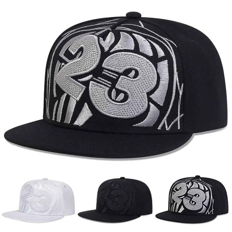 Streetwear 23 Digit Embroidery Flat Brim Snapback Cap Unisex Adjustable Hip Hop Baseball Hat