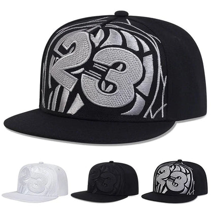 Streetwear 23 Digit Embroidery Flat Brim Snapback Cap Unisex Adjustable Hip Hop Baseball Hat