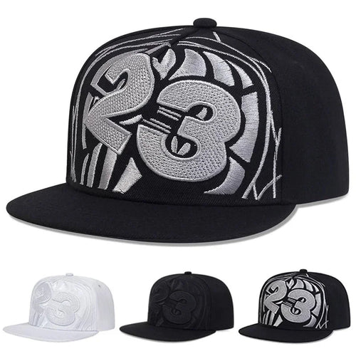 Streetwear 23 Digit Embroidery Flat Brim Snapback Cap Unisex Adjustable Hip Hop Baseball Hat