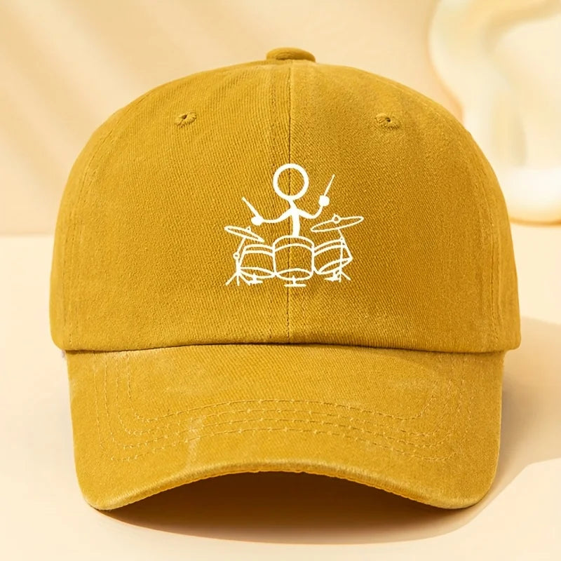 Drum Print Retro Washed Baseball Cap for Both Men and Women