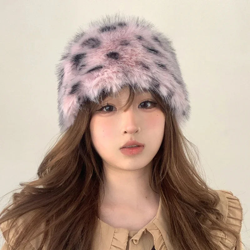 Retro Hot Girl Leopard Plush Bucket Hats Women