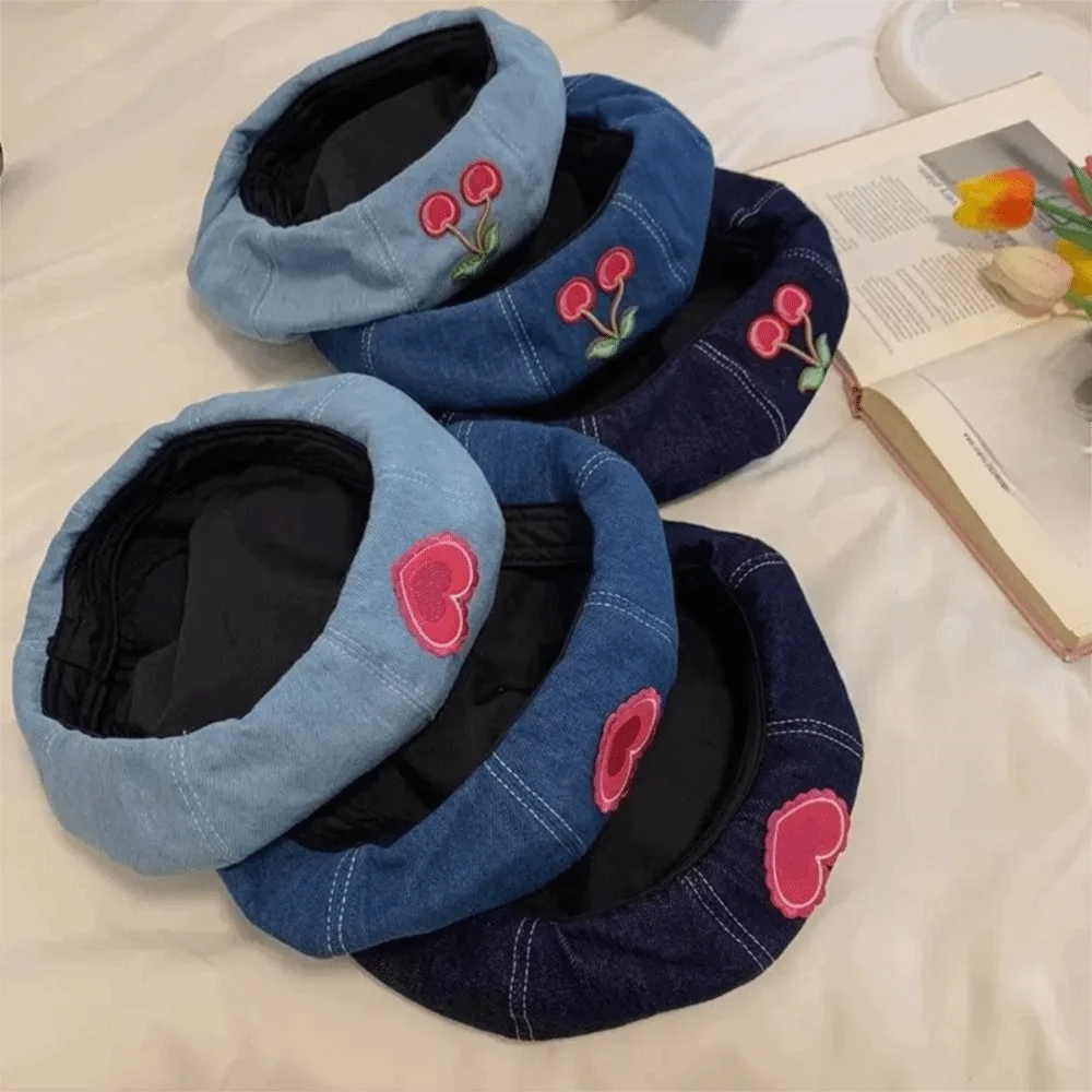 Casual Denim Berets Hat Cherry Sweet Artist Berets Adjustable