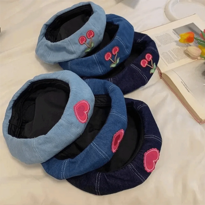 Casual Denim Berets Hat Cherry Sweet Artist Berets Adjustable