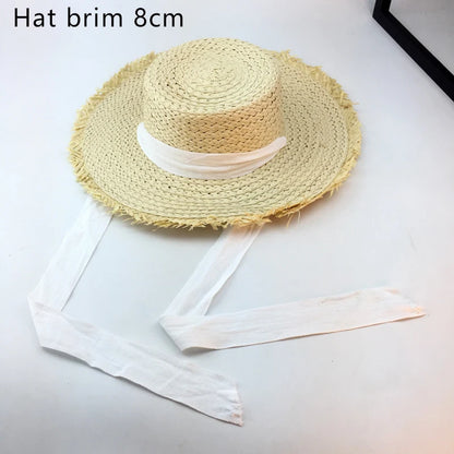 Summer Raffia Women Long Ribbon Wide Brim Beach Hat