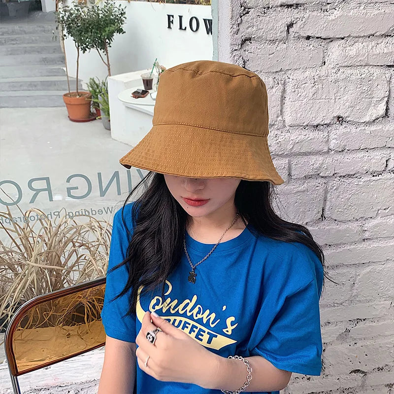 Solid Color Fisherman Hat Korean Trendy Hip Hop Bucket Hat Summer Flat Top Sun Cap Casual Outdoor