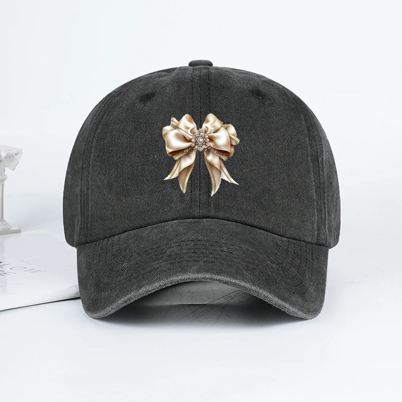 Satin Bow Print Washed Baseball Cap