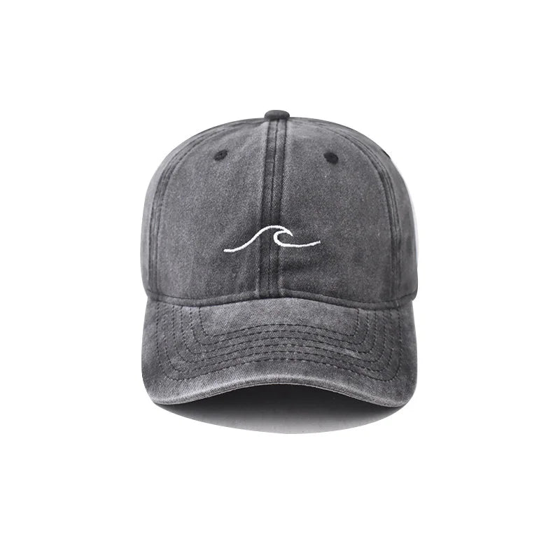 Washed Cotton Wave Embroidered Baseball Cap