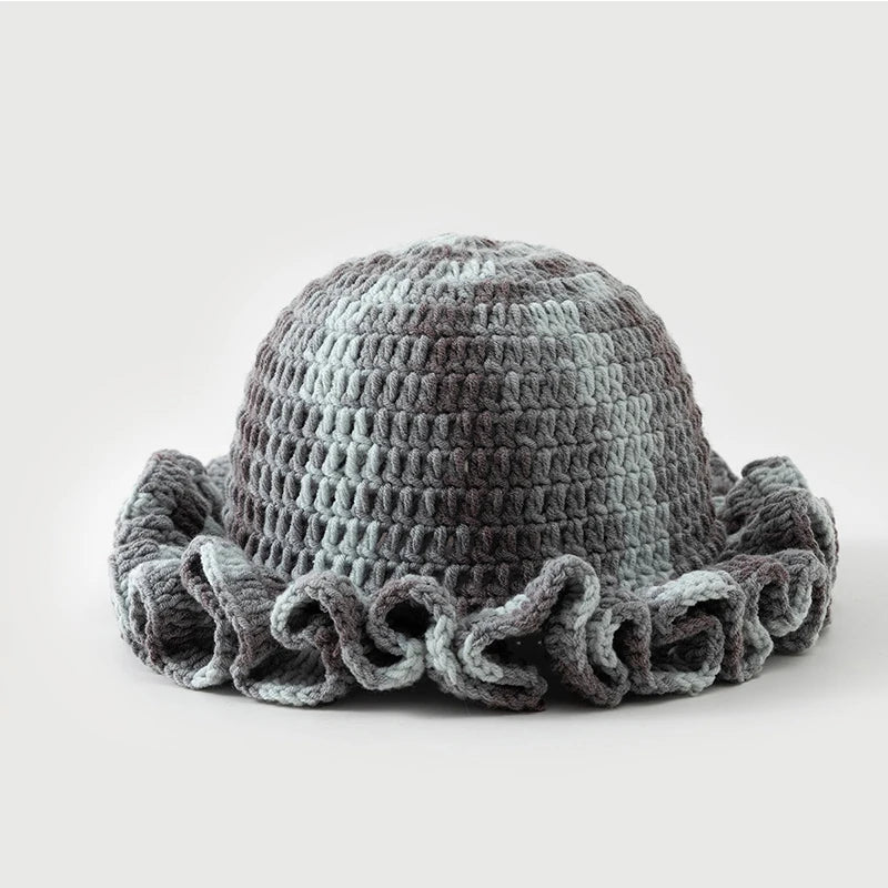 New Colorful Crochet Ruffle Brim Knit Bucket Hats
