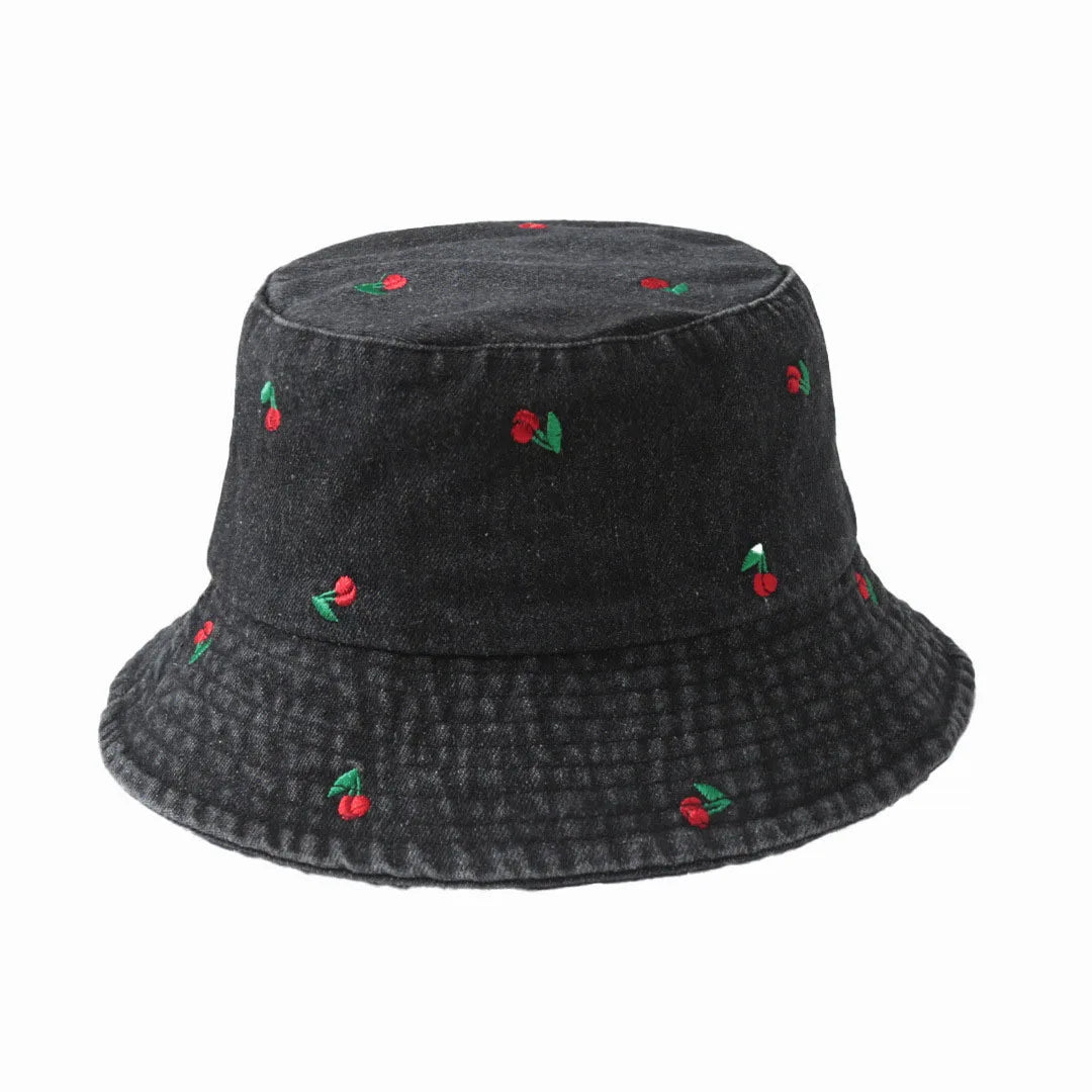 Emboridery Denim Bucket Hat Summer Travel Beach Sun Hats  for Women Men