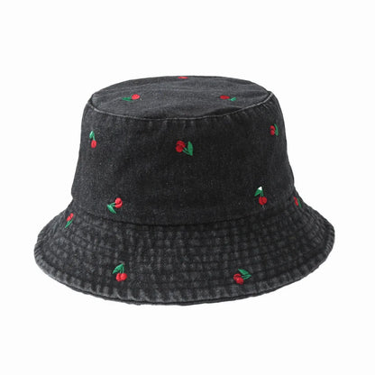Emboridery Denim Bucket Hat Summer Travel Beach Sun Hats  for Women Men