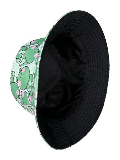 Cartoon Playful Frog Bucket Hat, Beach Sun Hat, Reversible, Foldable Stylish Bucket Hat