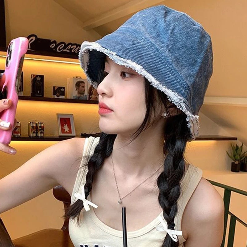 Retro Solid Color Denim Bucket Hat For Women
