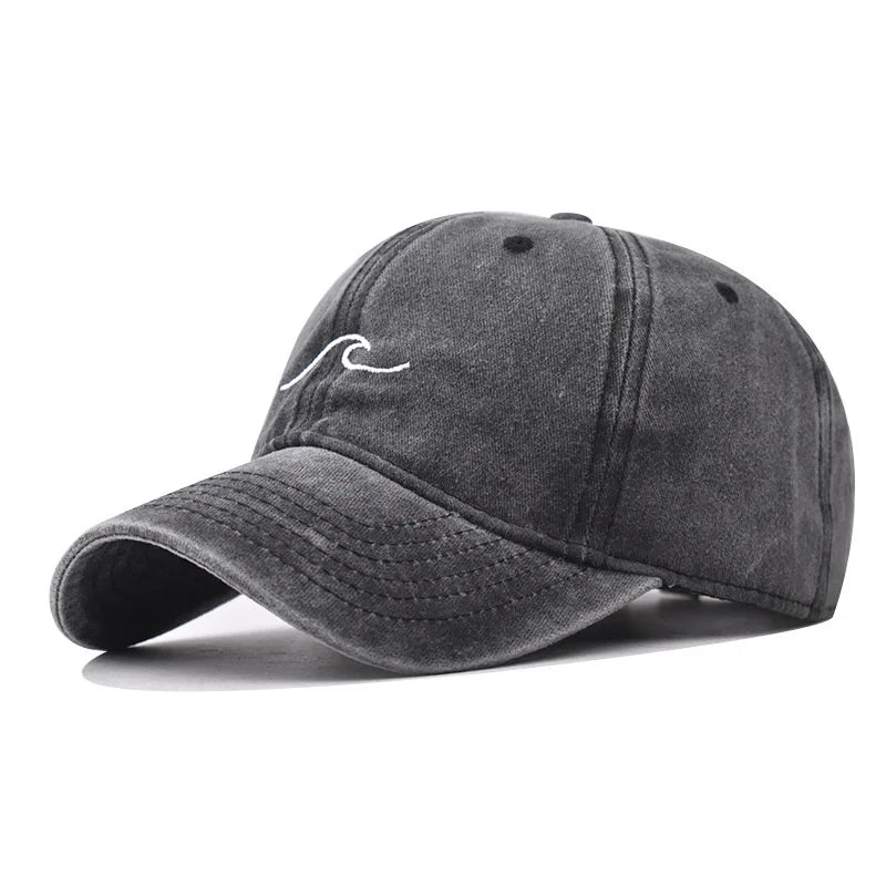 Washed Cotton Wave Embroidered Baseball Cap