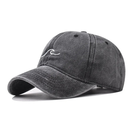 Washed Cotton Wave Embroidered Baseball Cap