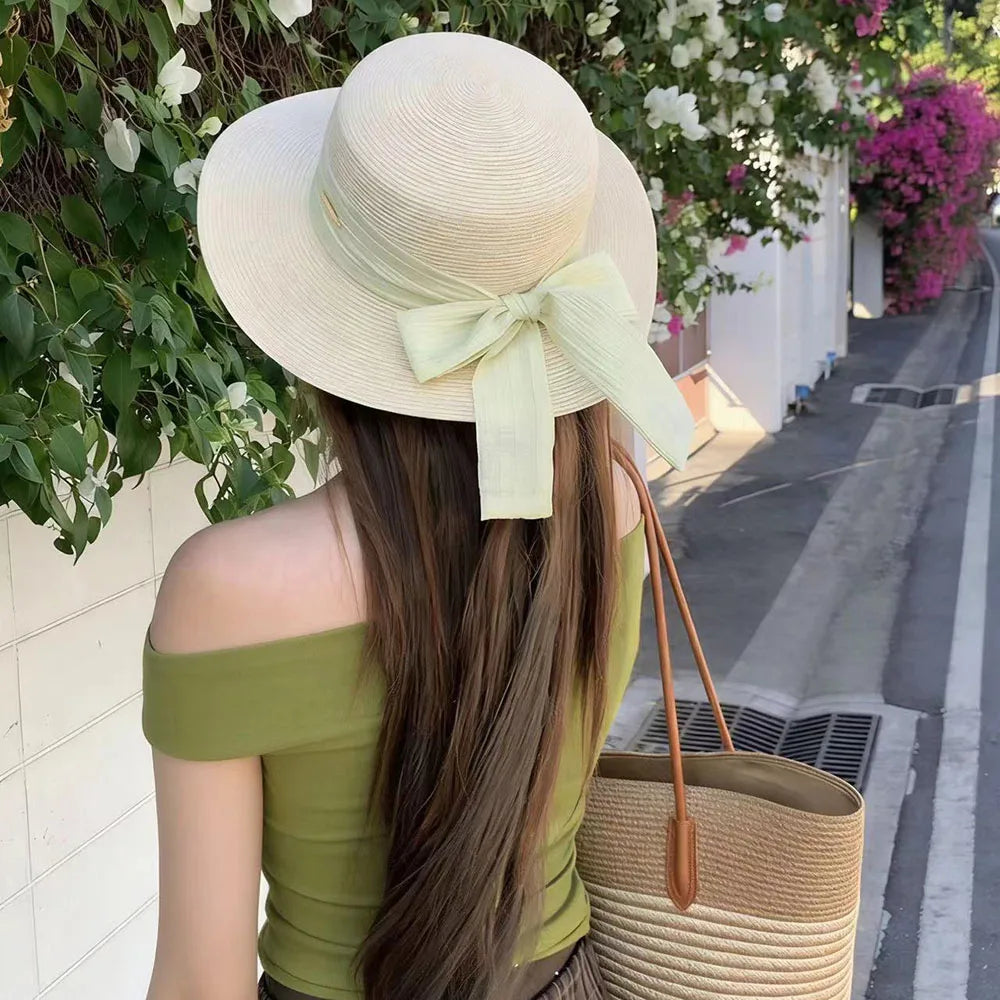 Bow Ribbon Flat Top Straw Hat For Women Summer Woven Straw Sun Hat