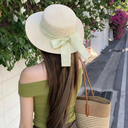 Bow Ribbon Flat Top Straw Hat For Women Summer Woven Straw Sun Hat