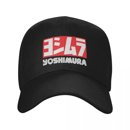 Yoshimura Motorcycle Racing Black Baseball Hat with Bold Red & White Logo, Perfect for Sports Fans