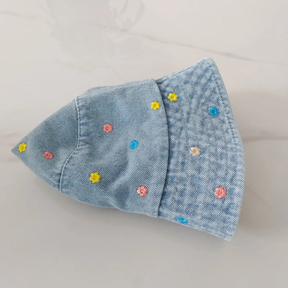 Embroidery Little Flower Washed Denim Summer Bucket Hat