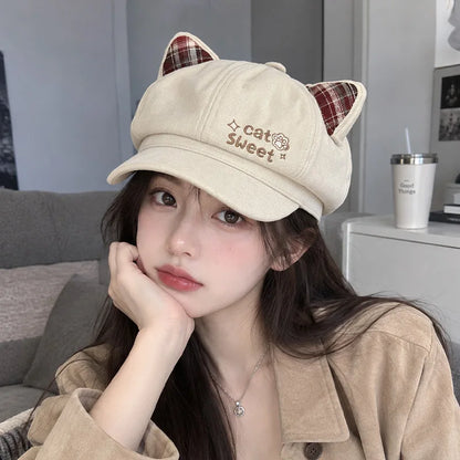 Kawaii Cat Ear Newsboy Cap Faux Suede Women Baker Boy Cap Letter Embroidery Autumn Snap Brim Y2k Hat