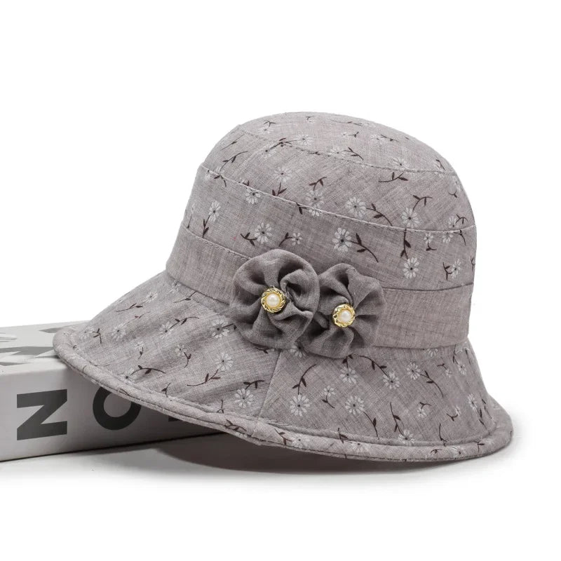 Ladies Bowler Hat Bow Printed Sun Hat Light and Breathable Sun Hat