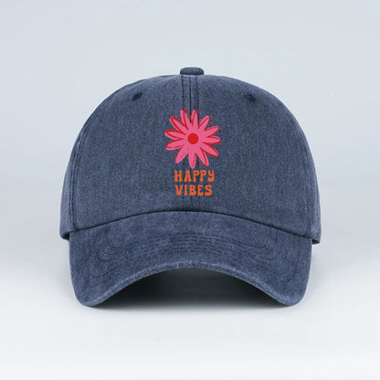 Happy Vibes Floral Print Washed Baseball Cap