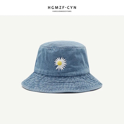 Korean Daisy Embroidery Bucket Hat Women Men