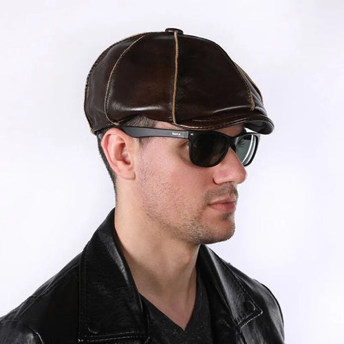 Retro Octagonal Genuine Leather Hat Autumn Warm Men's