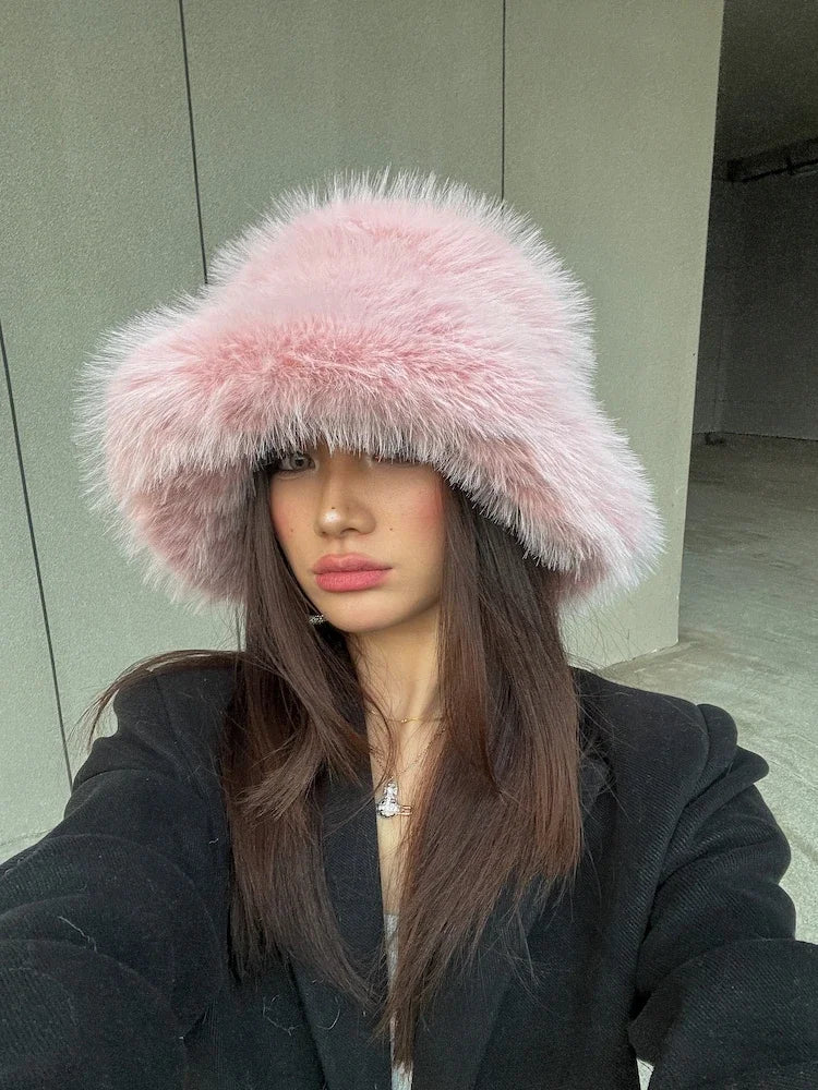 Bright Yellow Imitation Mink Fur Bucket Hat Women's Panama Style Korean New