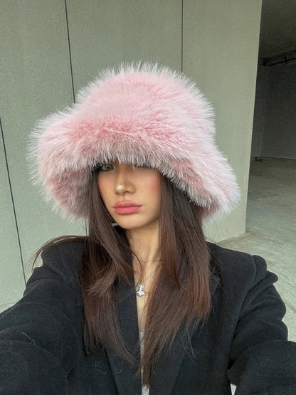 Bright Yellow Imitation Mink Fur Bucket Hat Women's Panama Style Korean New