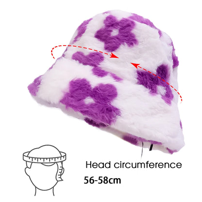 New Floral Plush Bucket Hat Women Fur Fisherman Cap